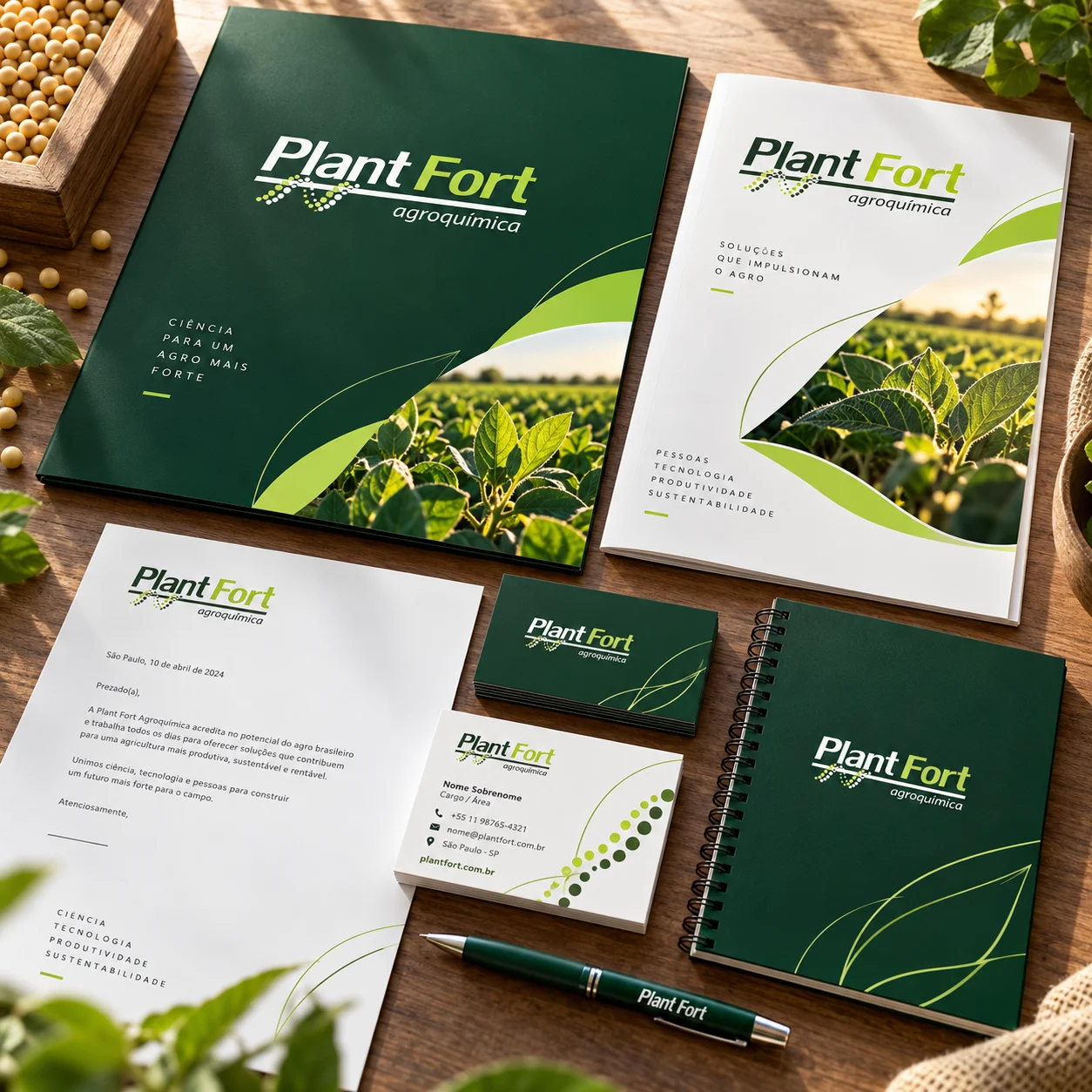Mockup de papelaria e identidade institucional Plant Fort